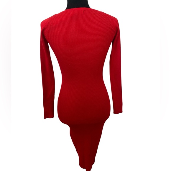 Red long sleeve ribbed knit exposed zipper Bodycon sweater dress - Picture 3 of 6